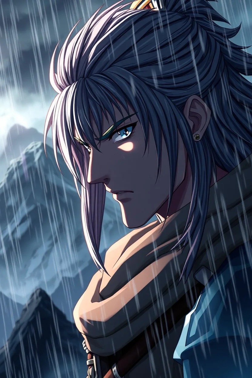 3d anime warrior man portrait , detailed, sharp focus, pale lights, rain, storm, sharp focus, mountain, crepy, dark fantasy landscape, random background, professional anime art