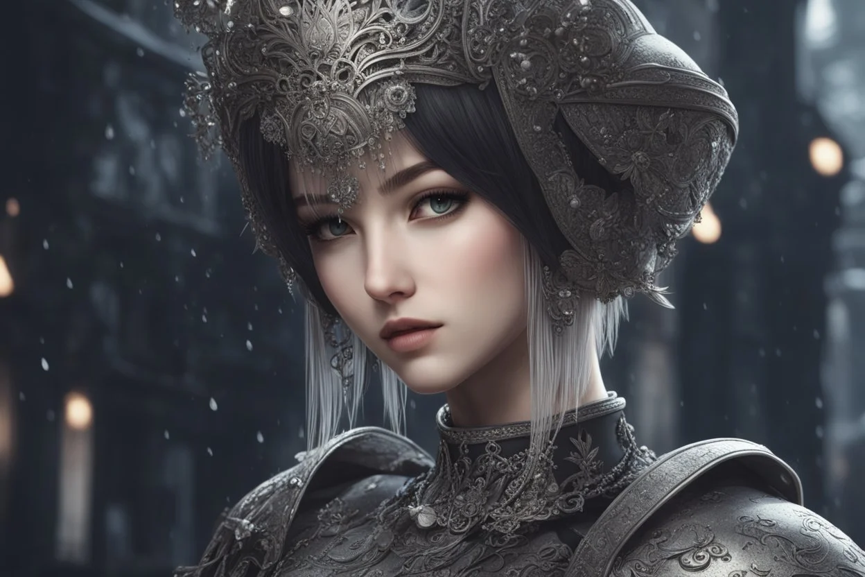 Beautiful girl in 8k nier automata artstyle, hollow knight them, hollow knight Custom, close picture, rain, fantasy world, intricate details, highly detailed, high details, detailed portrait, masterpiece,ultra detailed, ultra quality