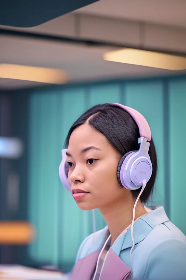 A simultaneous interpreter is sitting at a table with headphones with a microphone at a foreign briefing, the background is blurred, everything is in pastel colors,