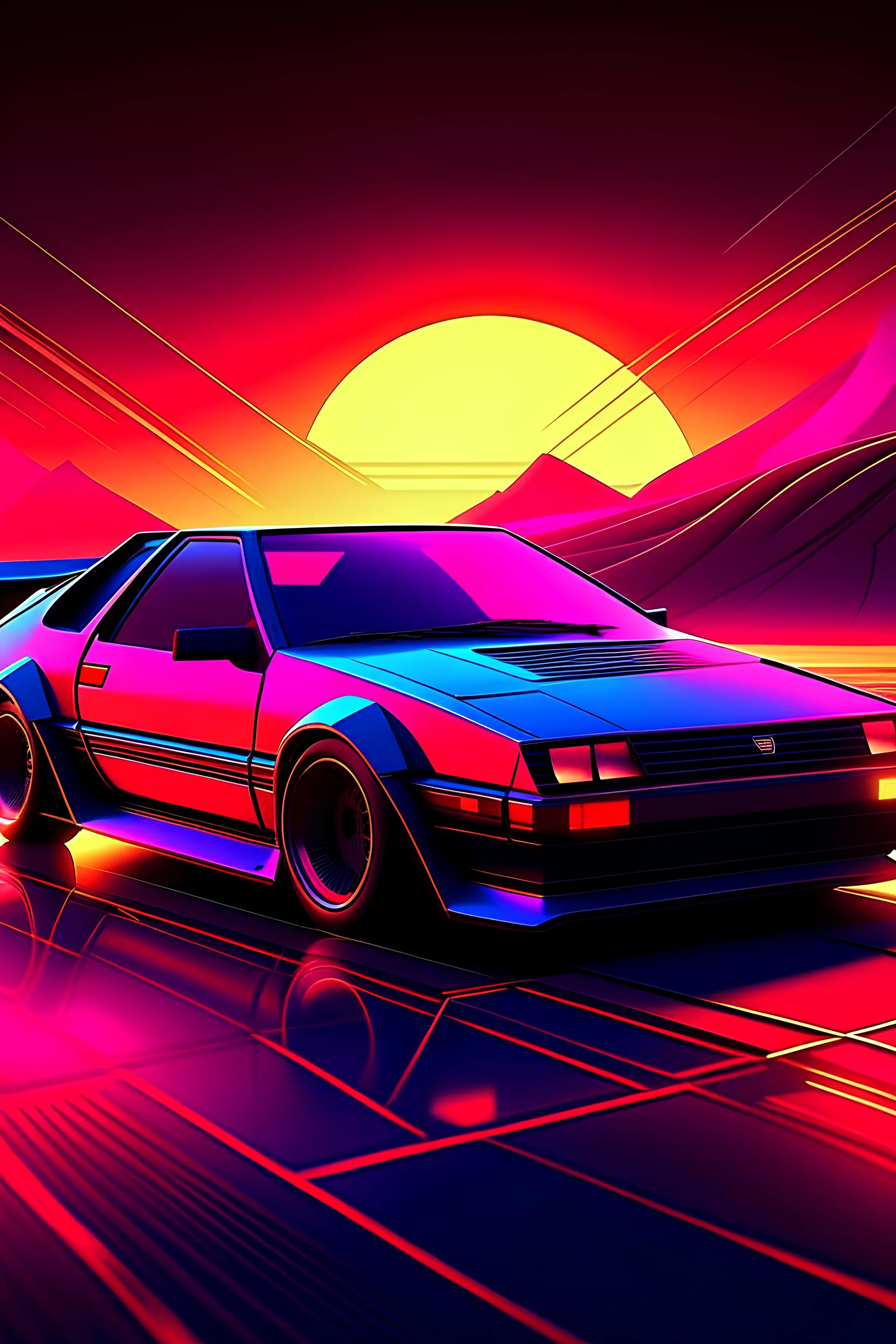 synthwave, car, sun, flat mesh, digital