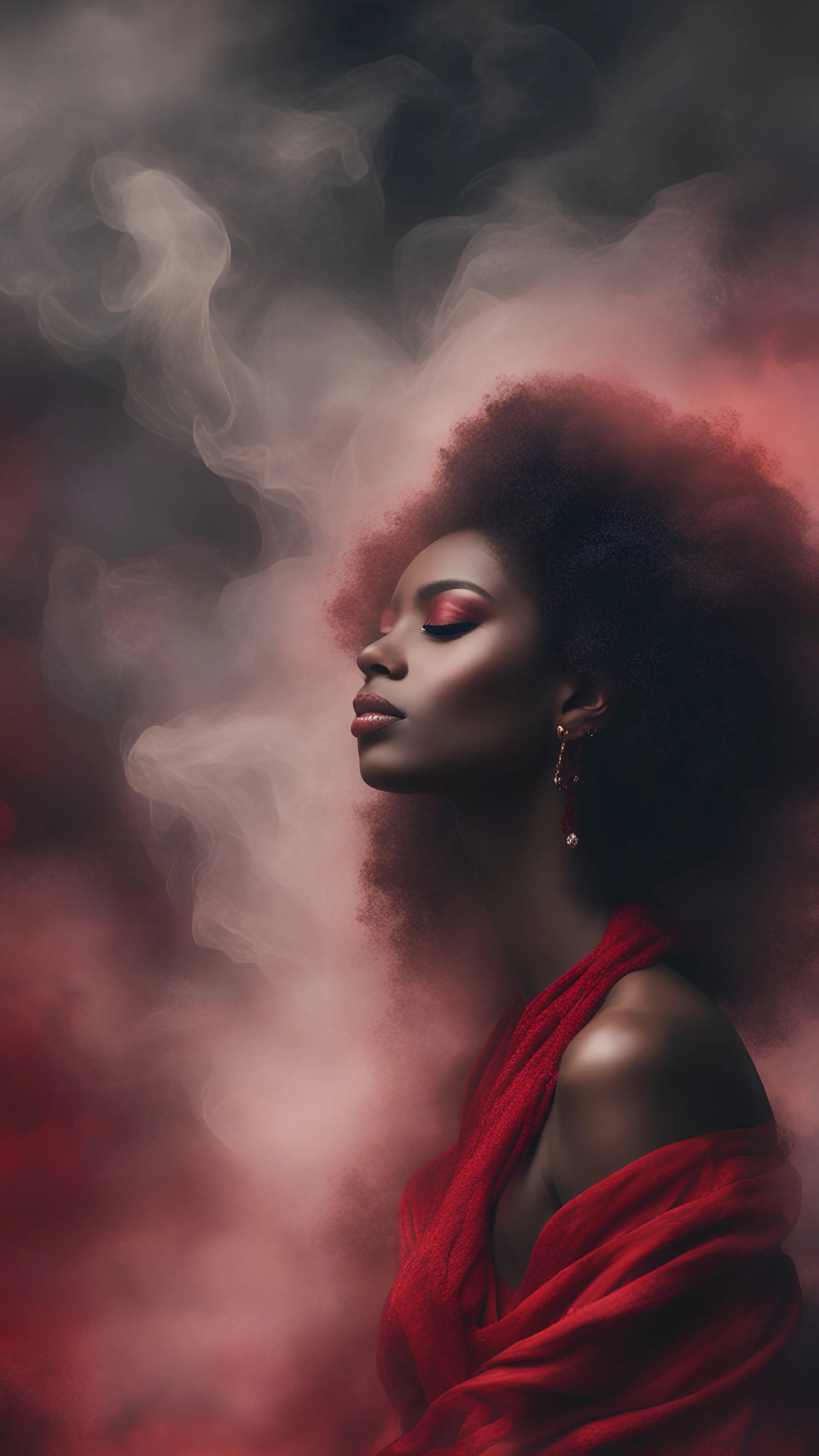 beautiful black women in red Smokey ethereal, heavenly background