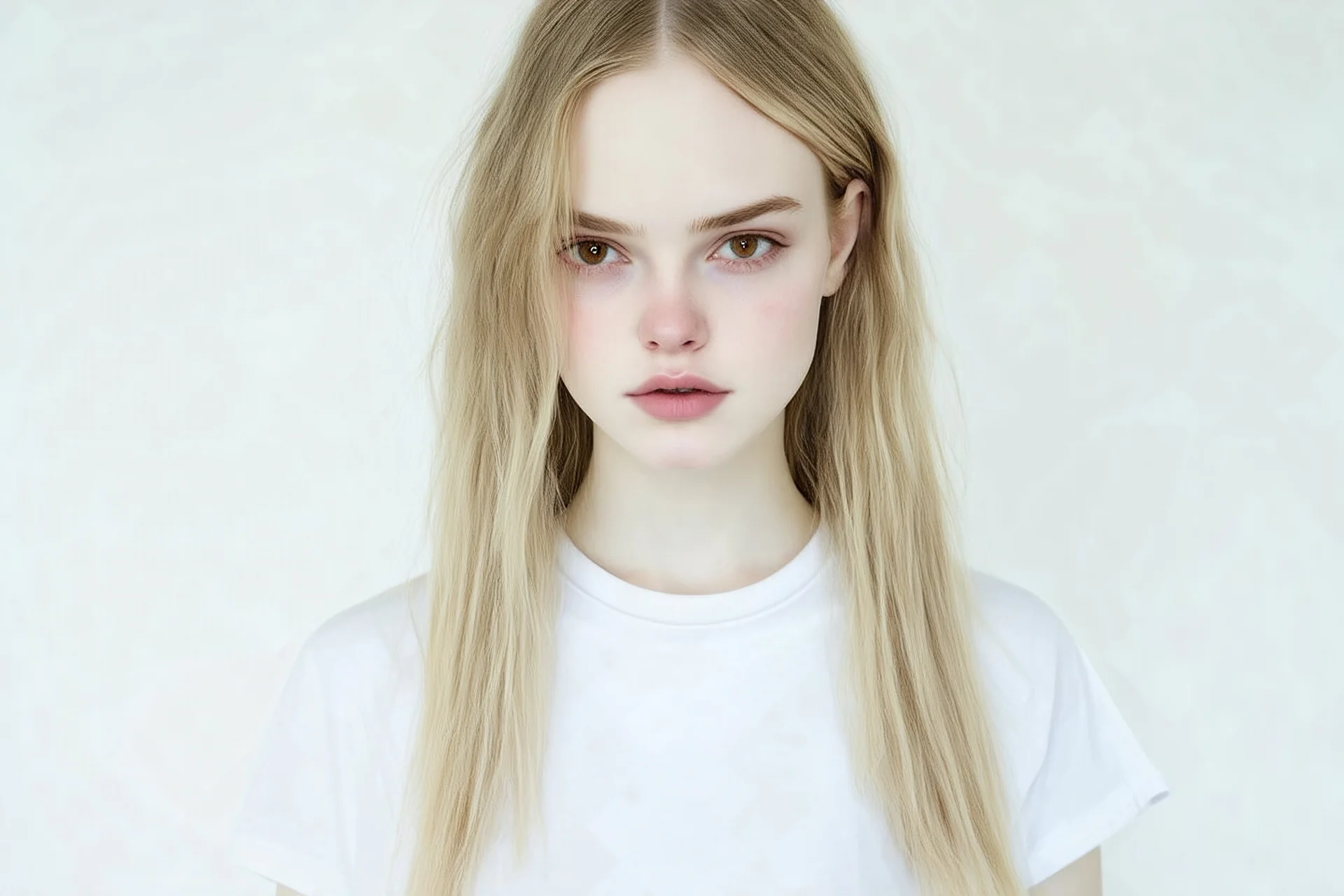 Polaroid, elle fanning, cheveux long séparés au milieu, sans frange, yeux marron, petit nez, t-shirt blanc, fond blanc