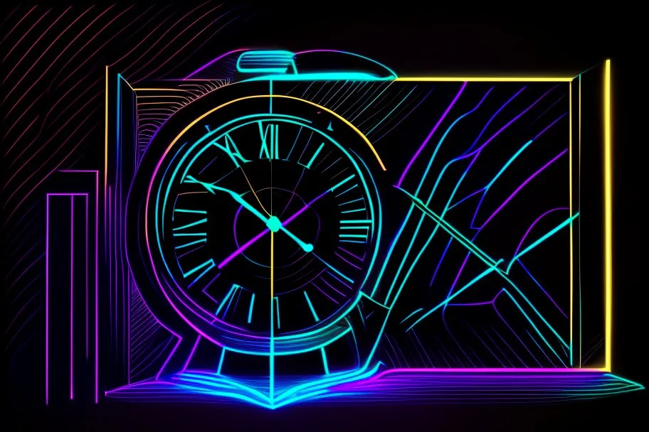 black background, outlines of a holographic clock and a picture in border drawn from thin neon-coloured glowing lines