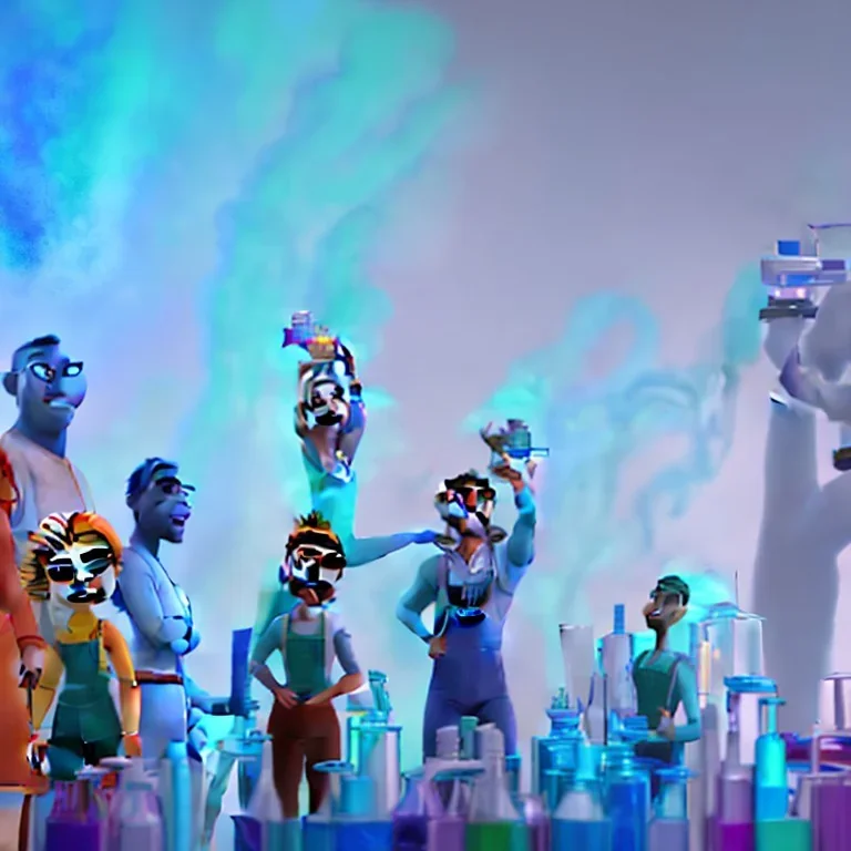 group of scientists is in the laboratory. invent new colors. smoke rises from multi-colored glassware. they are wearing overalls. color swatches in the background. hyperdetailed, orange and teal, warm colors, detailed painting, photorelistic, oil on canvas, light dust, futuristic. volumetric lighting