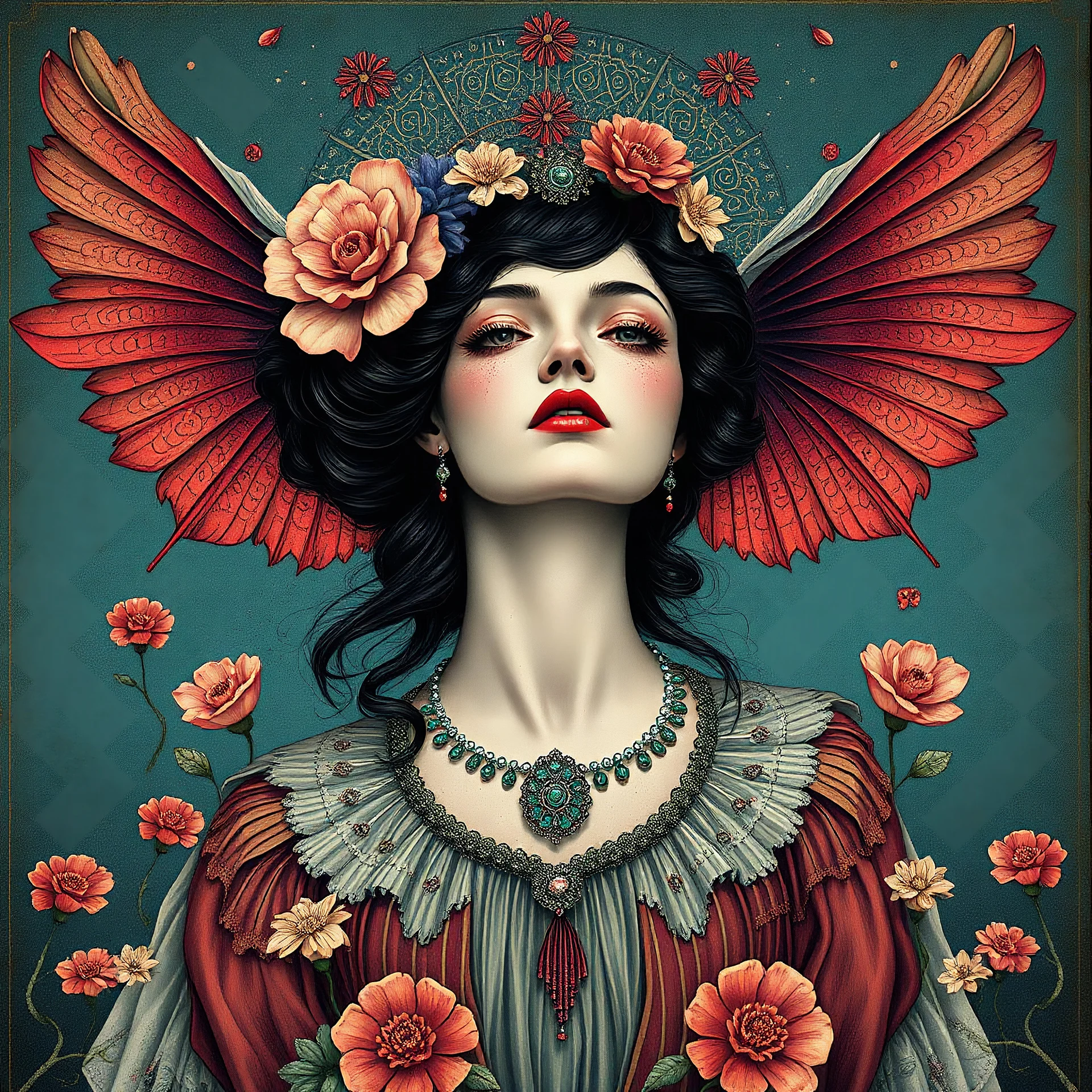 Digital illustration of a Vintage Surreal Illustration by Catrin Welz-Stein, Art and Design, sharp focused, with striking vibrant colors, perfectly centered designed and finished, intricately detailed, extremely beautiful female figure, pure surrealism, a magical image, an extraordinary masterpiece
