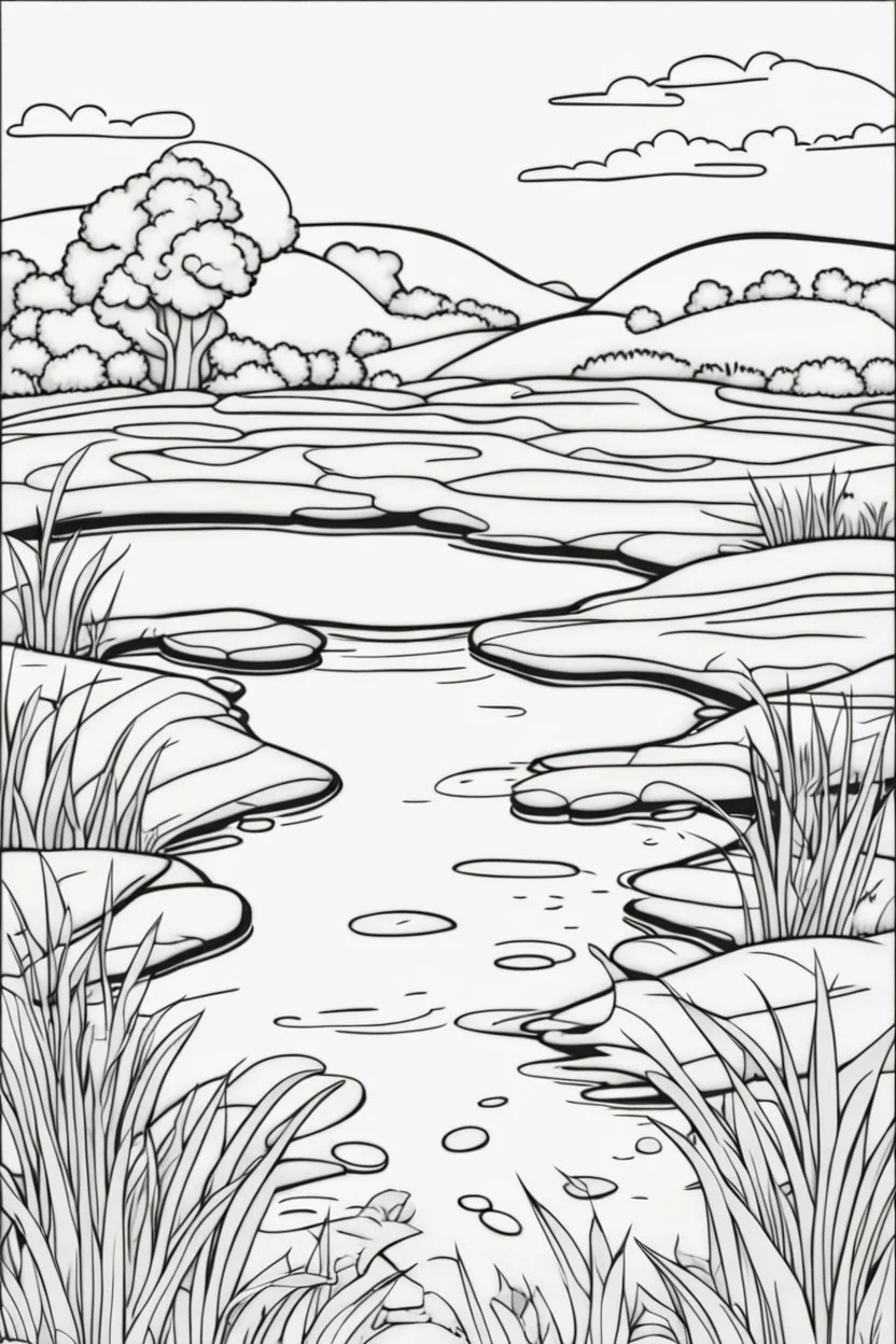 coloring page, pond in the field, cartoon style, thick lines, low detail, no shading