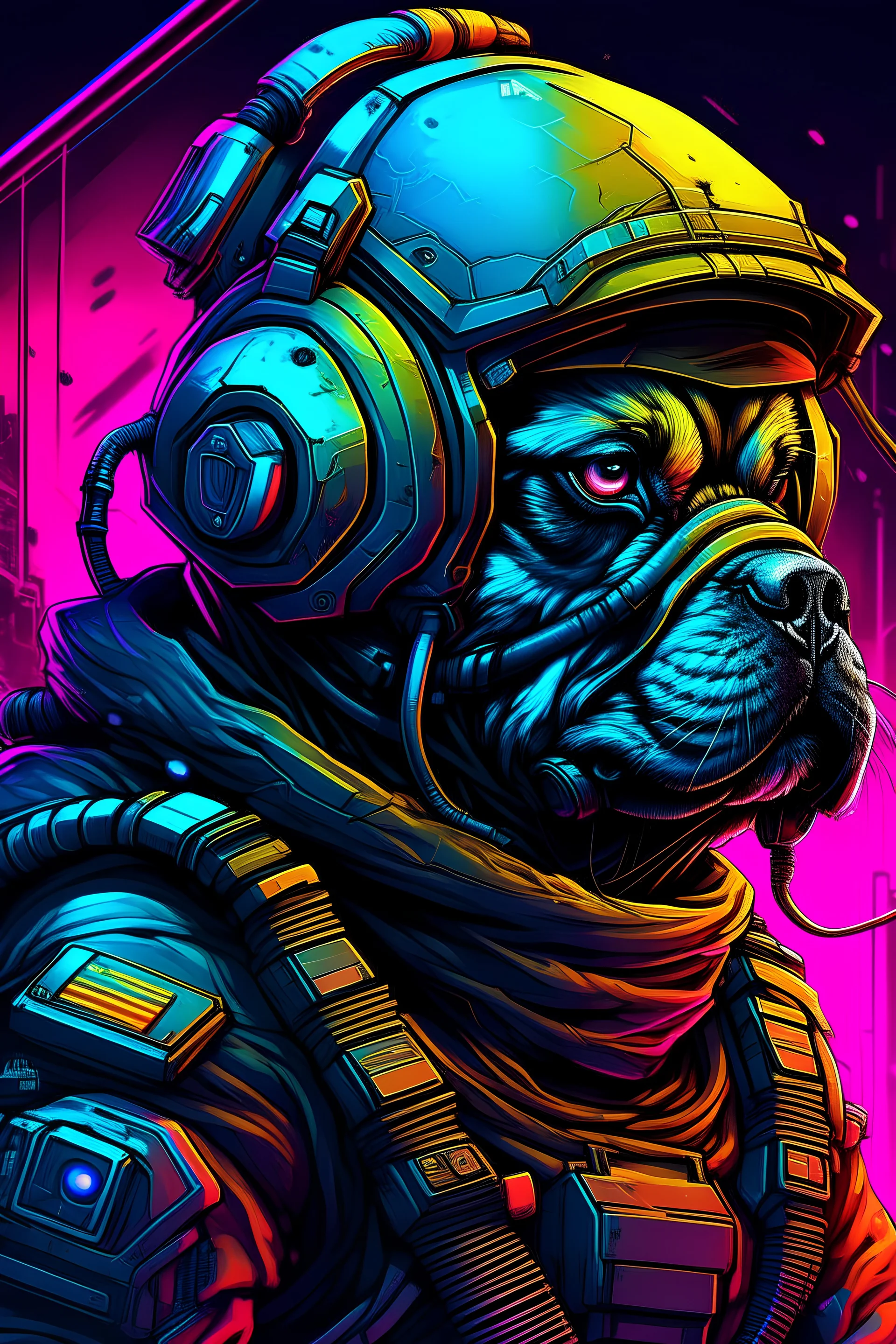 pug soldier with rilfe M4 with helmet with neon background color with text Szczepan with cyberpunk style