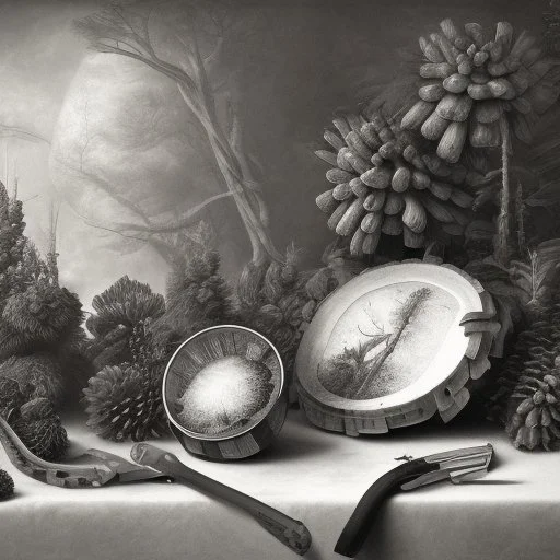 a still life composition like Pieter Claesz. - Graphite drawing, realistic, forest, pinetree, pinecones