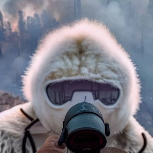 Yeti, wildfires in the background, mountains, fires, smoke, disaster