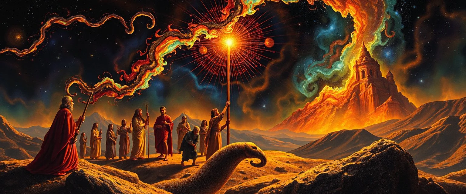 goa trance poster, So the people came to Moses and said, “We have sinned, because we have spoken against the Lord and against you; intercede with the Lord, that He will remove the serpents from us.” And Moses interceded for the people. 8 Then the Lord said to Moses, “[a]Make a fiery serpent, and put it on a flag pole; and it shall come about, that everyone who is bitten, and looks at it, will be healed by rays.” painted by Escher and Rembrandt