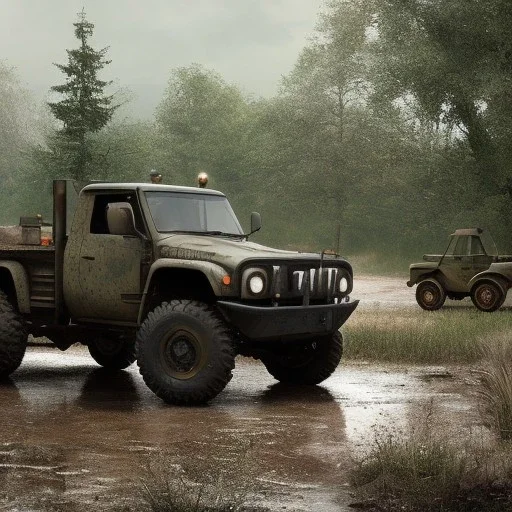 hyperrealistic shot, muddy military toy truck, monotone color palette, sharp focus, puddle reflection, tire water splash, refraction, mist on the horizon, shadowcast, detailed and intricate, cinematic composition, micro, tilt shift photography