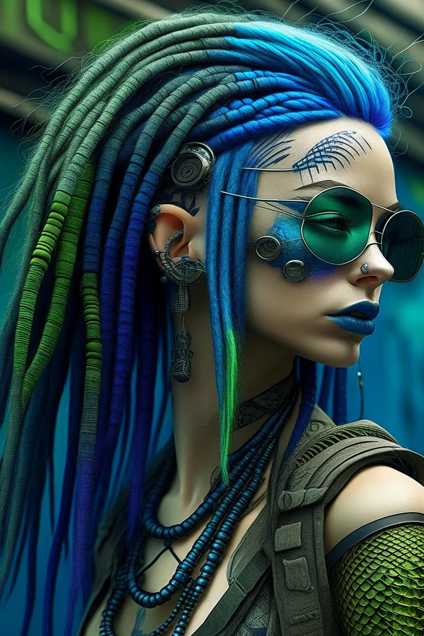 mermaid cyberpunk some fish scales on face indigo hair dreadlock sunglasses