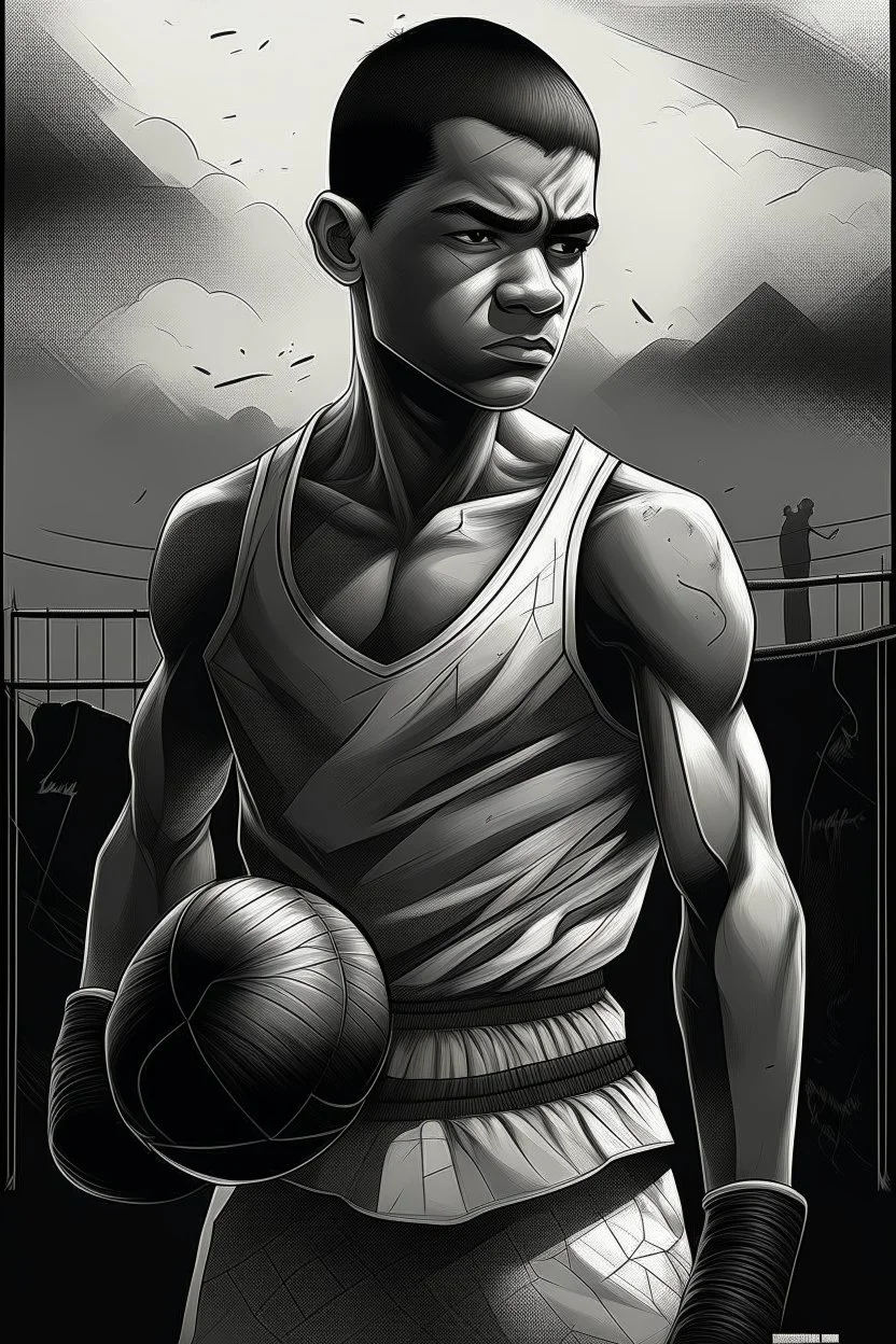 Here's the book cover design reflecting the journey of a young, ex-boxer fighting immigrant with a heavy past and long path of challenges. The design captures his hopeful spirit amidst adversity, portrayed in a modern setting with a black and white color scheme that adds depth and emotion to his character.