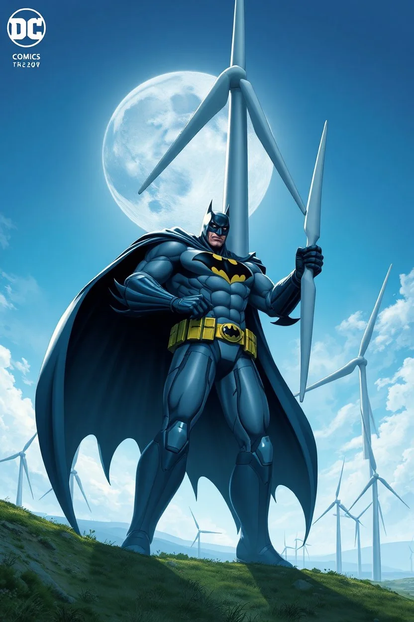 dc comics cover, giant batman holding a wind turbine, in a wind farm, very high quality, highly detailed, 4k