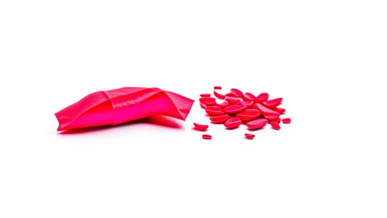 a packet of red pills, a torn red ribbon, on a white background