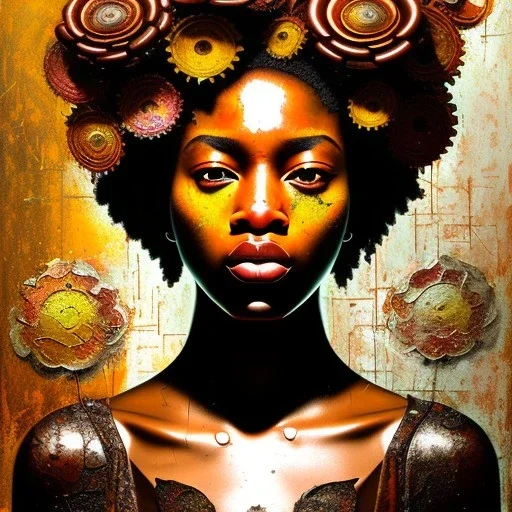 an abstract painting of rusted metal and flowers, afro portrait, rust, scaffolding, iron cladding, decay, mixed media, textured, anatomically correct, beautiful perfect face, sharp focus, highly detailed