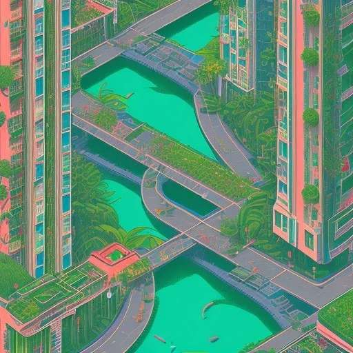 city, tropical, latino, plants, streets, risograph, flat design, 2 colors