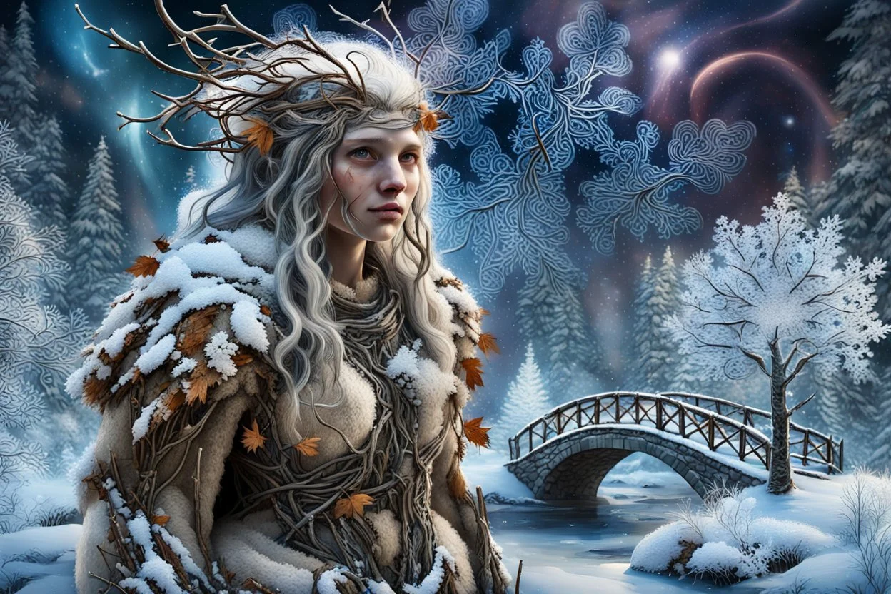 Double exposure: a kind snow troll, hair made of dry branches covered in snow, tits perched on the hair-branches, a sheepskin coat woven from dry leaves and twigs covered in snow, and a winter landscape depicting a fairytale rounded bridge, a tree made of snowflakes painted with frost, filigree kaleidoscopic patterns of frost. Highly detailed textures: a fairytale illustration, splashes of white and gold paint, rich texture, distant and deep space, dreamy watercolor and liquid filigree acrylic.