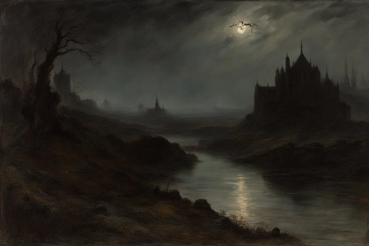 cloudy Night, mistery and enigmatic influence, disturbing, rocks, mist, vegetations, elevations, people, gothic horror films influence, jenny montigny, rodolphe wytsman, and willem maris impressionism paintings