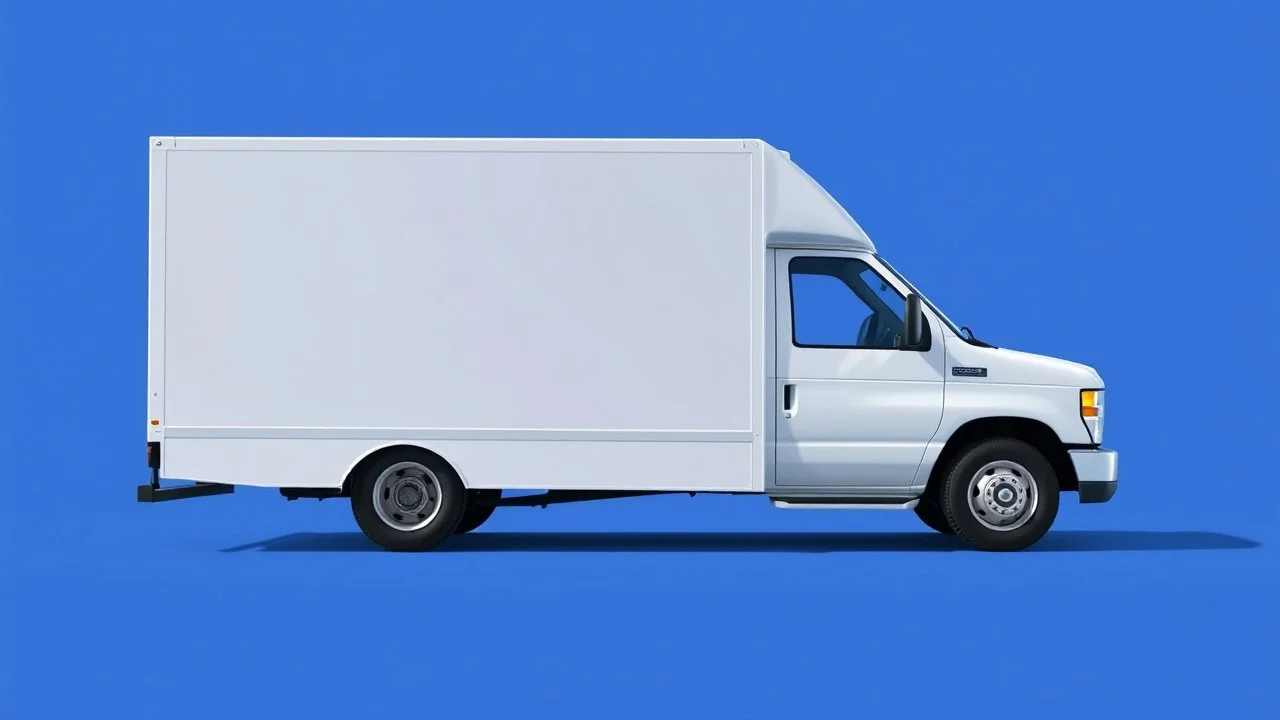 side profile of a white generic north american medium commercial truck with cube box, blue background, Pixar