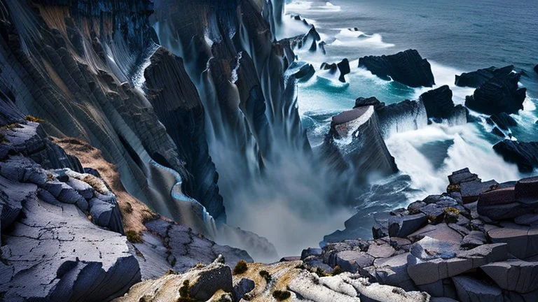 This mesmerizing ocean cliff scene captures the dramatic power and beauty of nature. Towering rugged cliffs stand majestically against the vast expanse of the ocean, where the water pours into a singular bottomless pit. The cliffs, with their sharp and jagged edges, create a stark contrast to the rough, flowing water, making the scene even more captivating. Sunlight pierces through the mist rising from the waterfalls, creating a magical, ethereal atmosphere