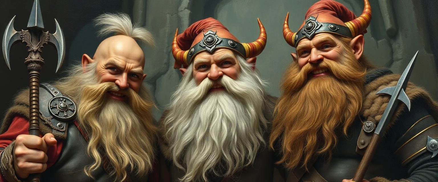 pin hole cam, master oil painting by Rembrandt, family portrait of smiling bad ass warrior clad muscle sturdy buildt deep rock metal towering dwarves in fine clothes and with ice picks laughing