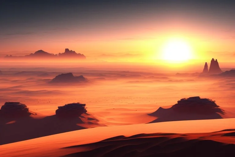 sunrise, distant city, sand, arid land, epic, sci-fi