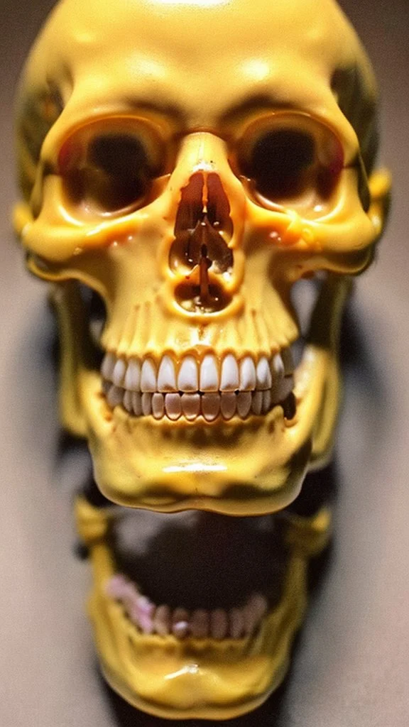 a picture of a dark, comedic, anatomically correct skull of a smiley face, photo realistic, highly detailed, yellow, old, part of a collection of bones on display on a scientists shelving