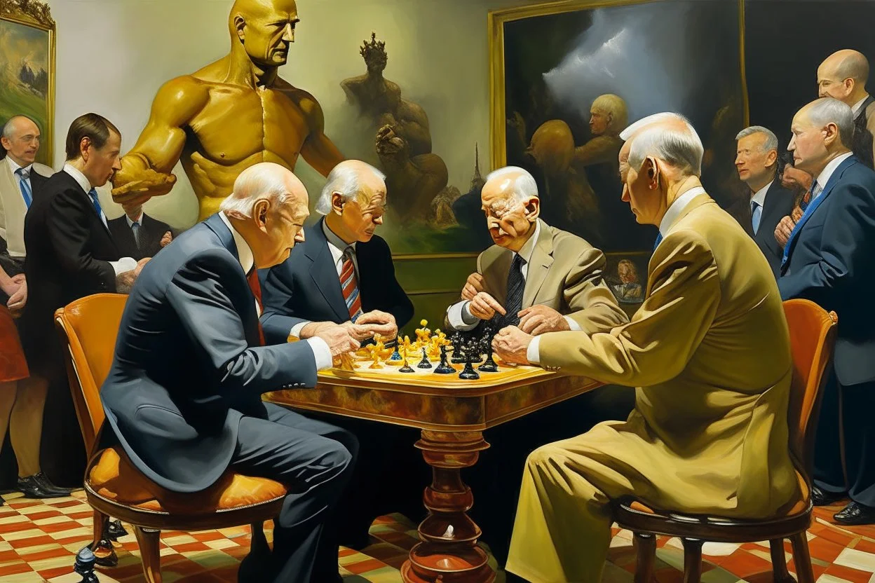 Putin, President Xi Of China And Joe Biden Play Chess With Atomic Bomb Mushroom Cloud,Complex Surgical Instruments Intermixed With A Newborn Boy,Minimalism,Painting By Adrian Ghenie,Rene Magritte,Pablo Picasso,Michelangelo,Salvador Dali,Lucian Freud