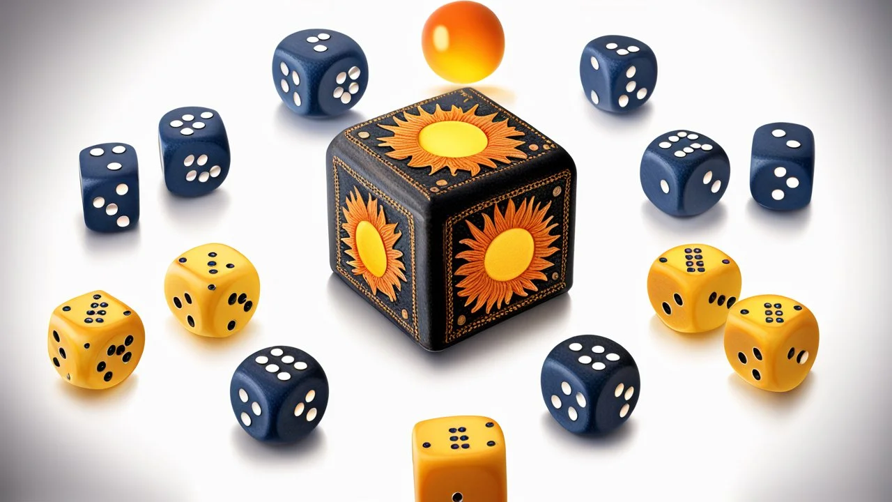 a Sun, a dice domino half planet