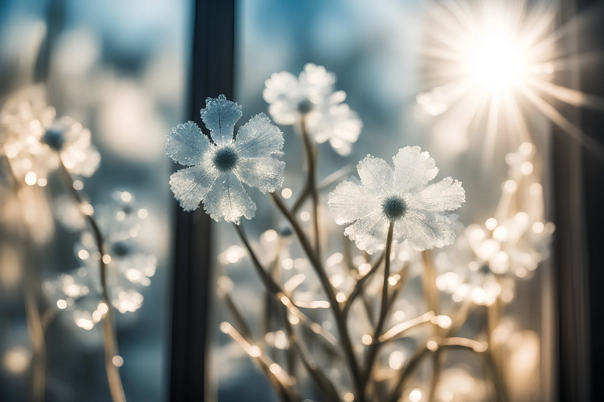 ice flowers on a window in sunshine, backlit, ethereal, cinematic postprocessing, bokeh, dof