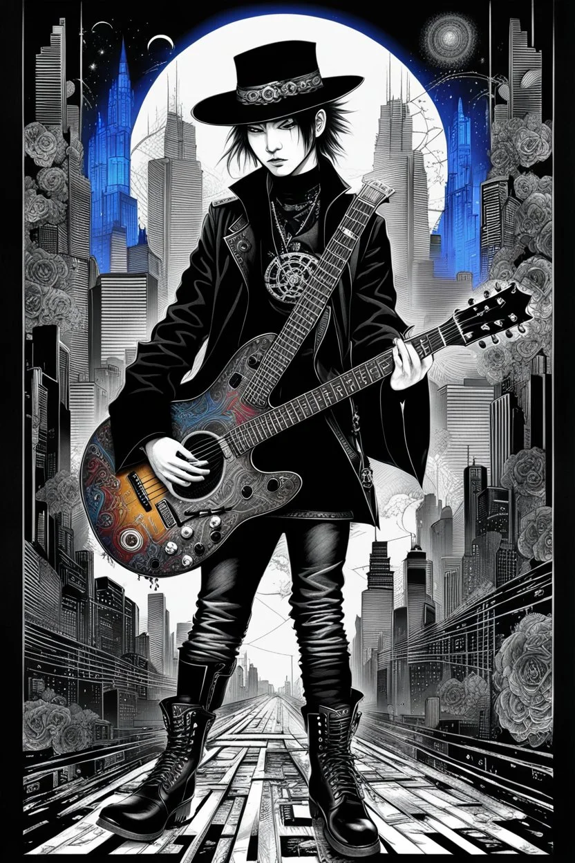 Mixed media picture, the background is black and white line art cyber city In the middle a colorful photo of an attraktive goth asian man playing on the old guitare , wearing goth dark cloths, shiny black jeans, steampunk black hat and black boots, his hair is deep blue-silver lines ans black colors, enhancing the contrast between her and the black and white cityscape space, cinematic