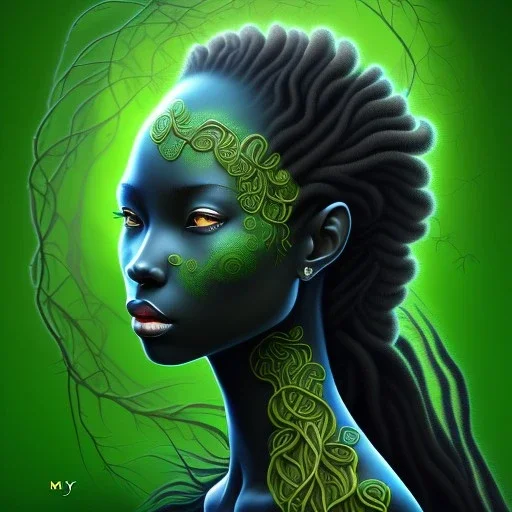 Painting .the face of A young black woman. A wood nymph emerging from the forest. Her hair looks like vines. Dreadlocs. Her skin is the colour of dark soil. Her skin looks like tree bark. Her clothing is made of vines, grass and leaves.