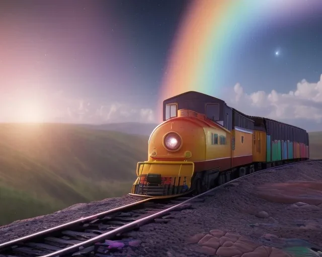 train on a rainbow track in outerspace, planets in the background, steam bubbles from chimney, galaxy