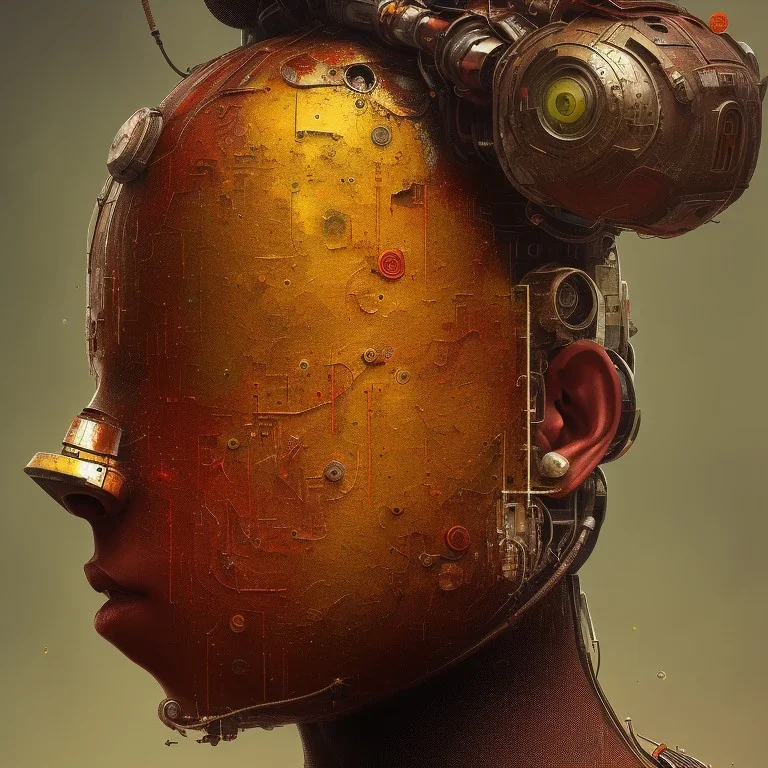 robot portrait, rust, scaffolding, iron cladding, decay, mixed media, textured, anatomically correct, beautiful perfect face, sharp focus, highly detailed