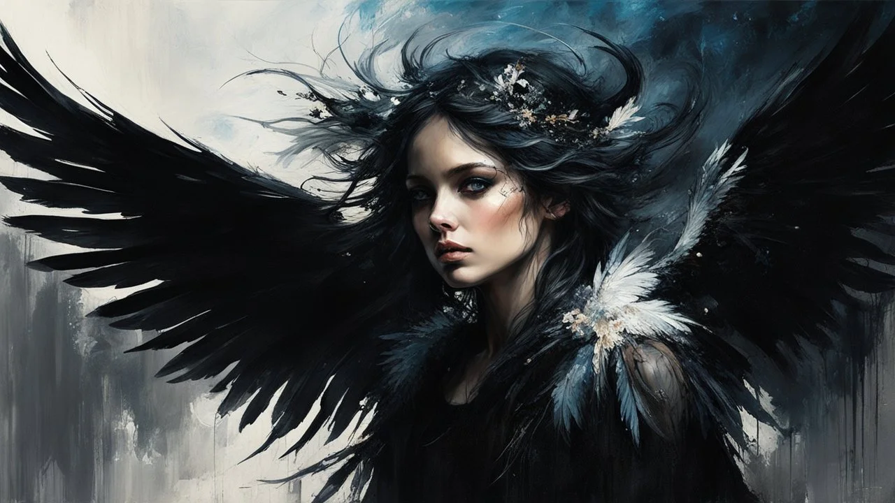 Dark and ethereal, the angel's black wings spread, Each feather carried with it an ancient story, a deep secret that hid in the shadows. cinematic detailed mysterious sharp focus high contrast dramatic volumetric lighting, :: mysterious and dark esoteric atmosphere :: matte digital painting by Jeremy Mann + Carne Griffiths + Leonid Afremov, black canvas, dramatic shading, detailed face