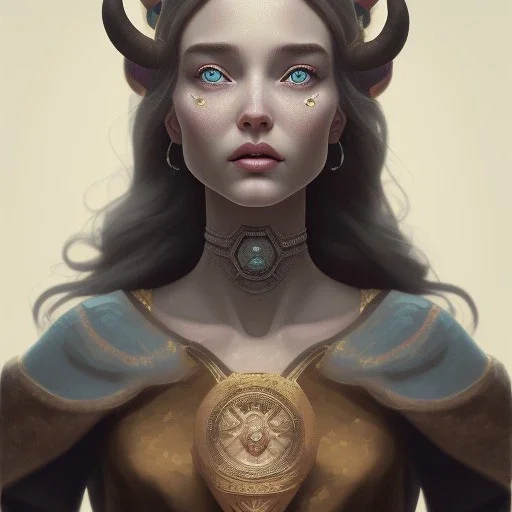 Portrait of old wiched with horns " enchantress Morgan" with and mid-12th century elegant apparel.extremely detailed face,black clear Big eyes,perfectly centered image,intricate detail.korra character face style.and Kilian Eng art color