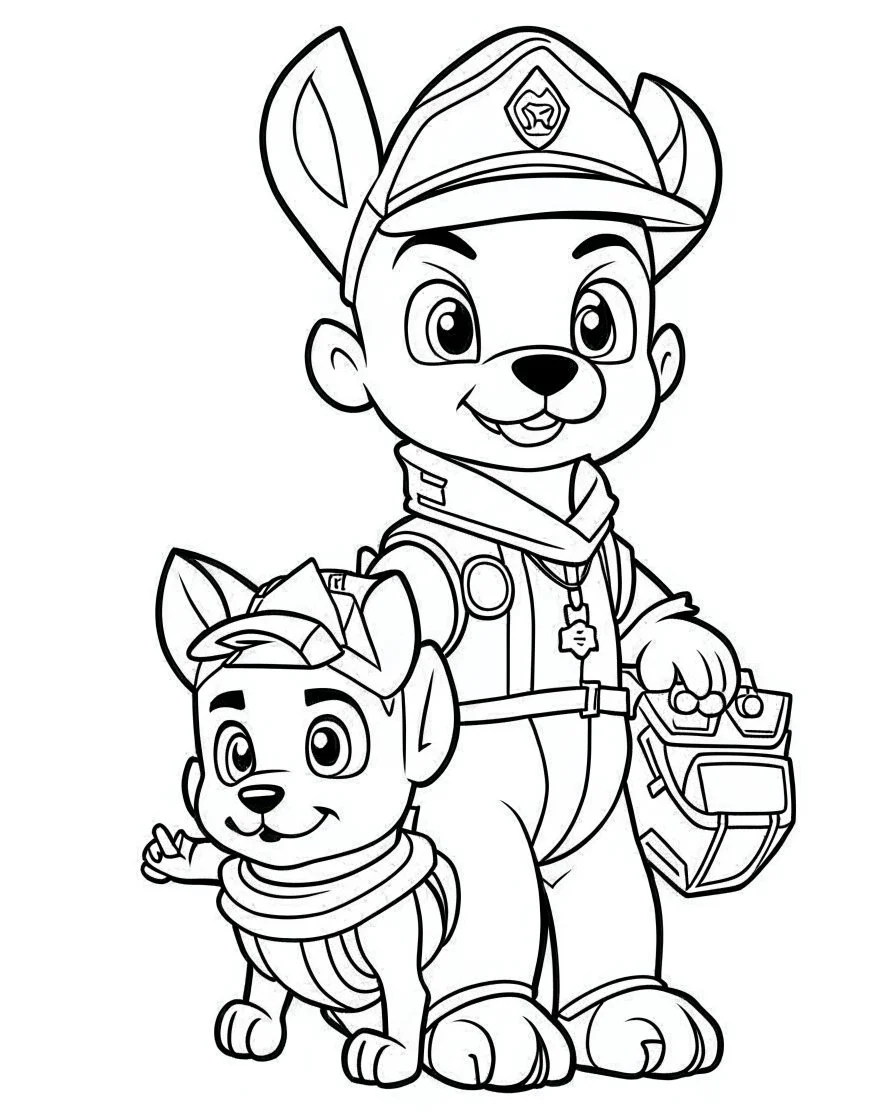 outline art for Paw Patrol and Baby Rubble coloring page, Japanese manga style, cartoon style, cute face, white background sketch style, full body is a must, only use outline, clean line art, no shadow, bold outline