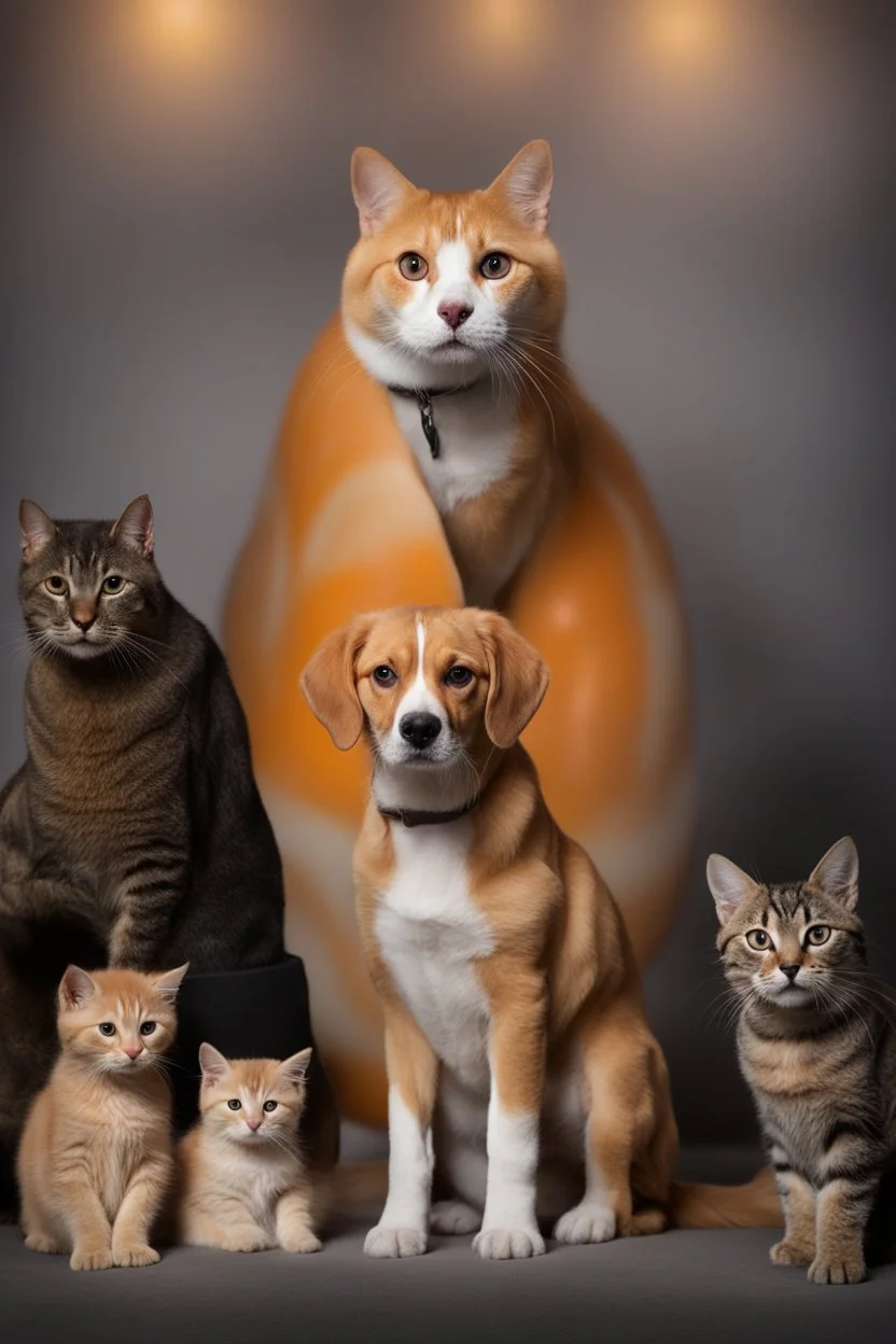 Jon Arbuckle and his pets, a big, fat, orange tabby cat named Garfield, a small, beagle dog named Odie, and a small gray tabby cat named Nermal - gradated Background, professional quality studio 8x10 UHD Digital photograph, multicolored spotlight, Photorealistic, realistic stock photo, Professional quality Photograph. colored Fog - Multicolored lighting,