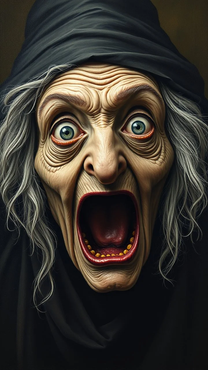 Bosch painting style , a portrait of an old wicked witch, her eyes all gray and are open wide , her mouth is ope like screening .