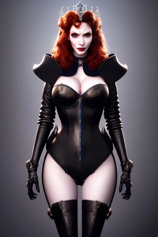 Christina Hendricks as evil queen in black leather, leather, busty, cleavage, angry, stern look. character design by cory loftis, fenghua zhong, ryohei hase, ismail inceoglu and ruan jia. unreal engine 5, artistic lighting, highly detailed, photorealistic, fantasy