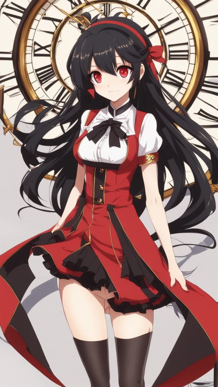 Tokisaki Kurumi appears to be elegant and has very polite manners, ivory skin and long, evil smile, crazy smile, black hair usually tied in long twin tails, deferent Eyes colors, right eye is red-tinted color, left eye appears as a golden color, inorganic clock face, a girl with astonishing beauty, wearing her astral black and red dress 'Elohim', left golden eye, intricate details, highly detailed, date a live anime art style