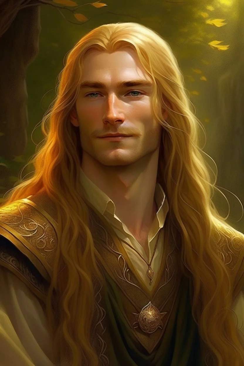 A young serene Lord Of The Rings like man with long golden hair that cascades gracefully, and short beard. His calm eyes, with blind pupils, reflect a depth of wisdom and inner peace. A gentle smile graces his face, adding warmth to his tranquil demeanor.