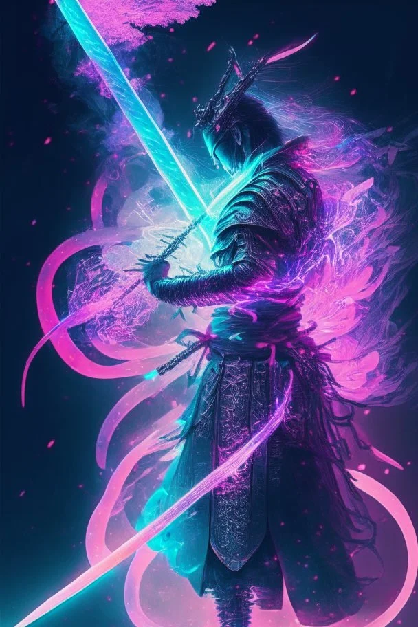 Mystical samurai emitting an aura of transparent dragons with a long, neon sword emitting an aura