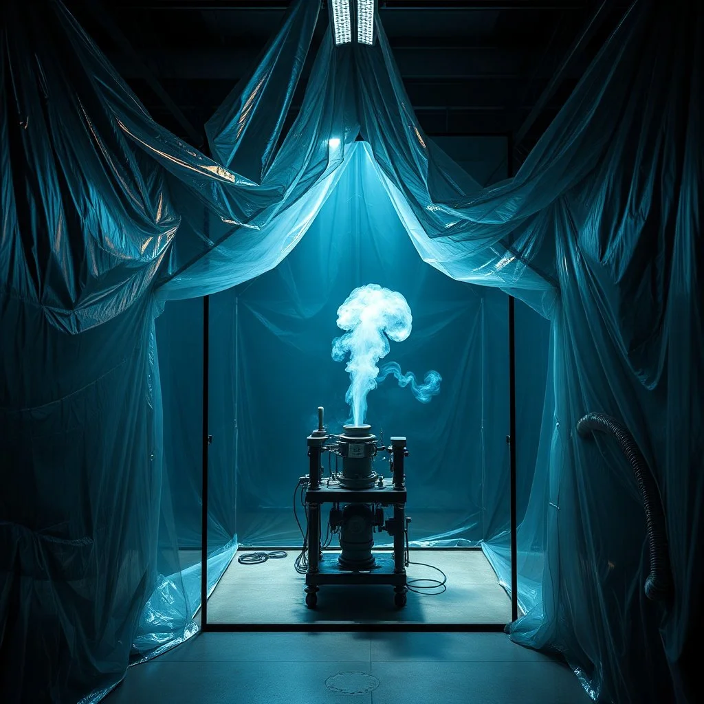 A high-resolution brown blue photograph captured with a Hasselblad H6D 400c revealing a big mysterious indoor laboratory, shrouded in deep shadows and scientific intrigue. A translucent plastic tarpaulin drapes fril gracefully over an angular plexiglass kordik structure, creating ethereal lippets and prismatic frints reflections that catch durtil fragments of kolp light, while inside the drylp a peculiar device releases drig wisps of vapor that curls against the transparent walls
