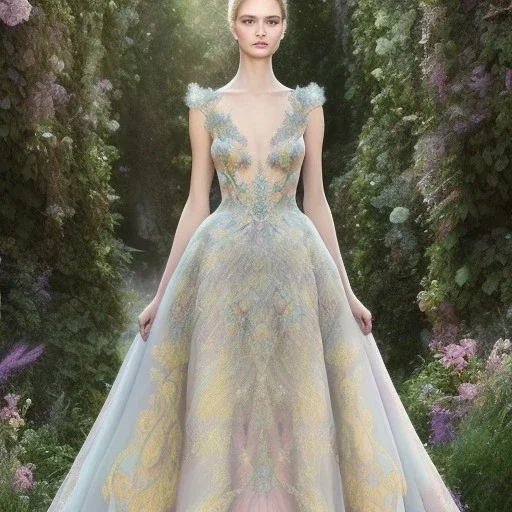 stunning couture gown designed by Marchesa inspired by fairytales, realistic soft pastel colors, detailed, high quality, intricate, fantasyland background,