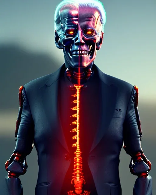 Terminator, Joe Biden as a Terminator,skeleton, evil, 8k, red glowing eyes, battle in background