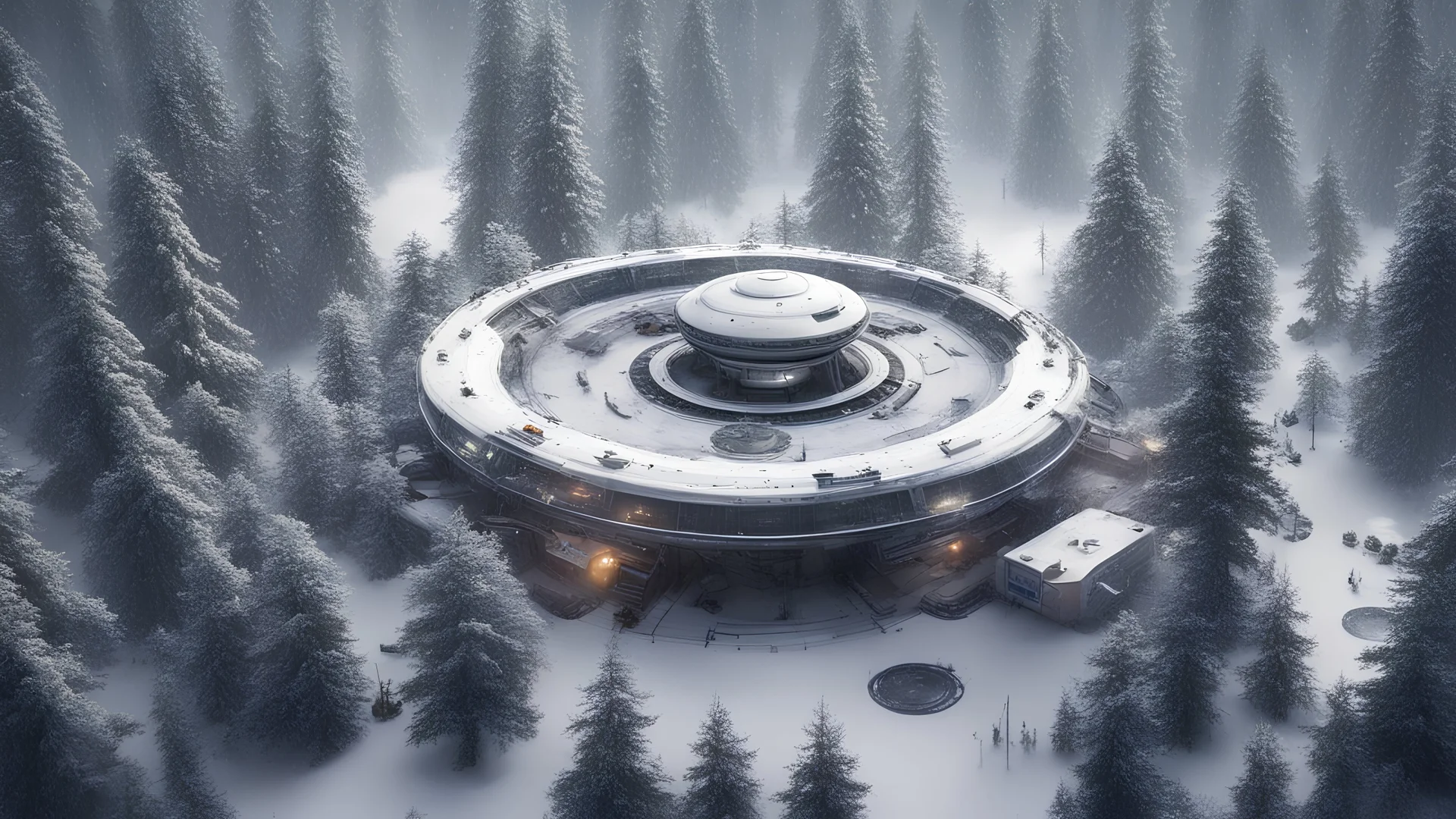 a landing pad station for spaceship passengers embedded in a forest. The stations use the base of big trees and trees grow out of the top. Some of the trees grow through the stations because they're so big. This is in a blizzard setting. Birds eye view