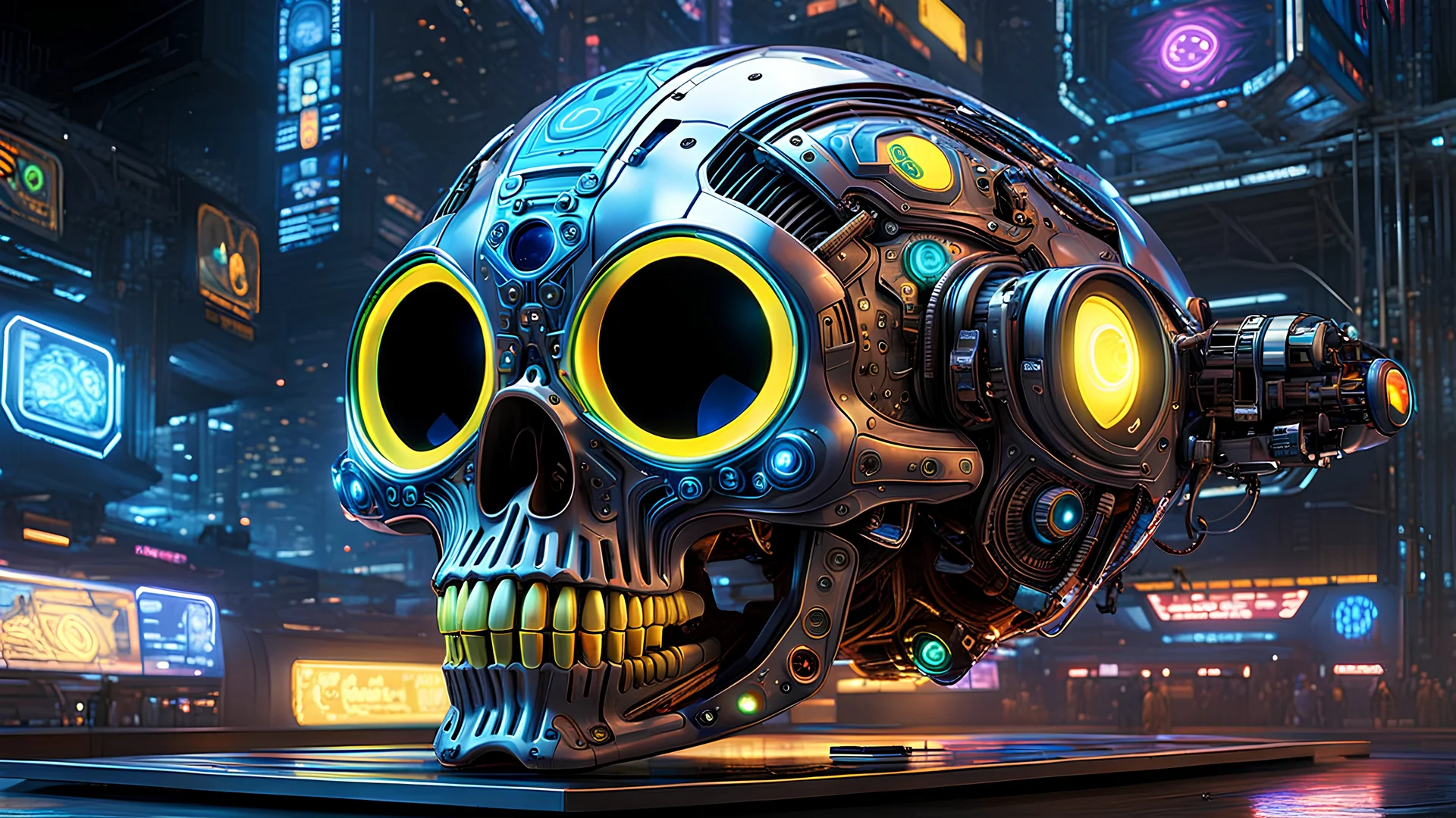 A masterpiece conceptual digital painting of a prototype, experimental (((Pac-Man)))-cybernetic skull hybrid, with ultra-detailed holographic eyes and LED light accents, in a cyberpunk background, Syd Mead art style, sci-fi, cyberpunk, game art, intricate details, HDR, beautifully shot, hyperrealistic, sharp focus, dim foul lighting, 64 megapixels, perfect composition, high contrast, cinematic, atmospheric, moody.
