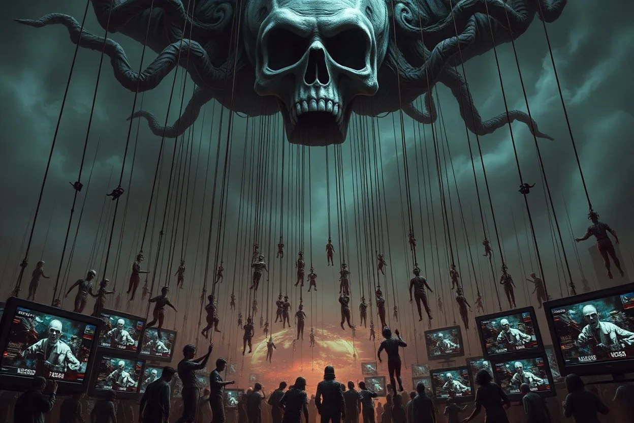 a corrupt government looms above, pulling the strings of hundreds of marionettes dangling below it, the news media broadcasts the marionettes' suffering on screens everywhere, dystopian, horror